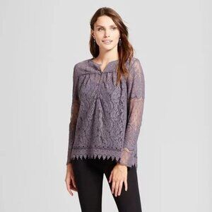 Knox Rose Medium Sheer Lace Fairy  Top Crochet Long Sleeve Gray Boho